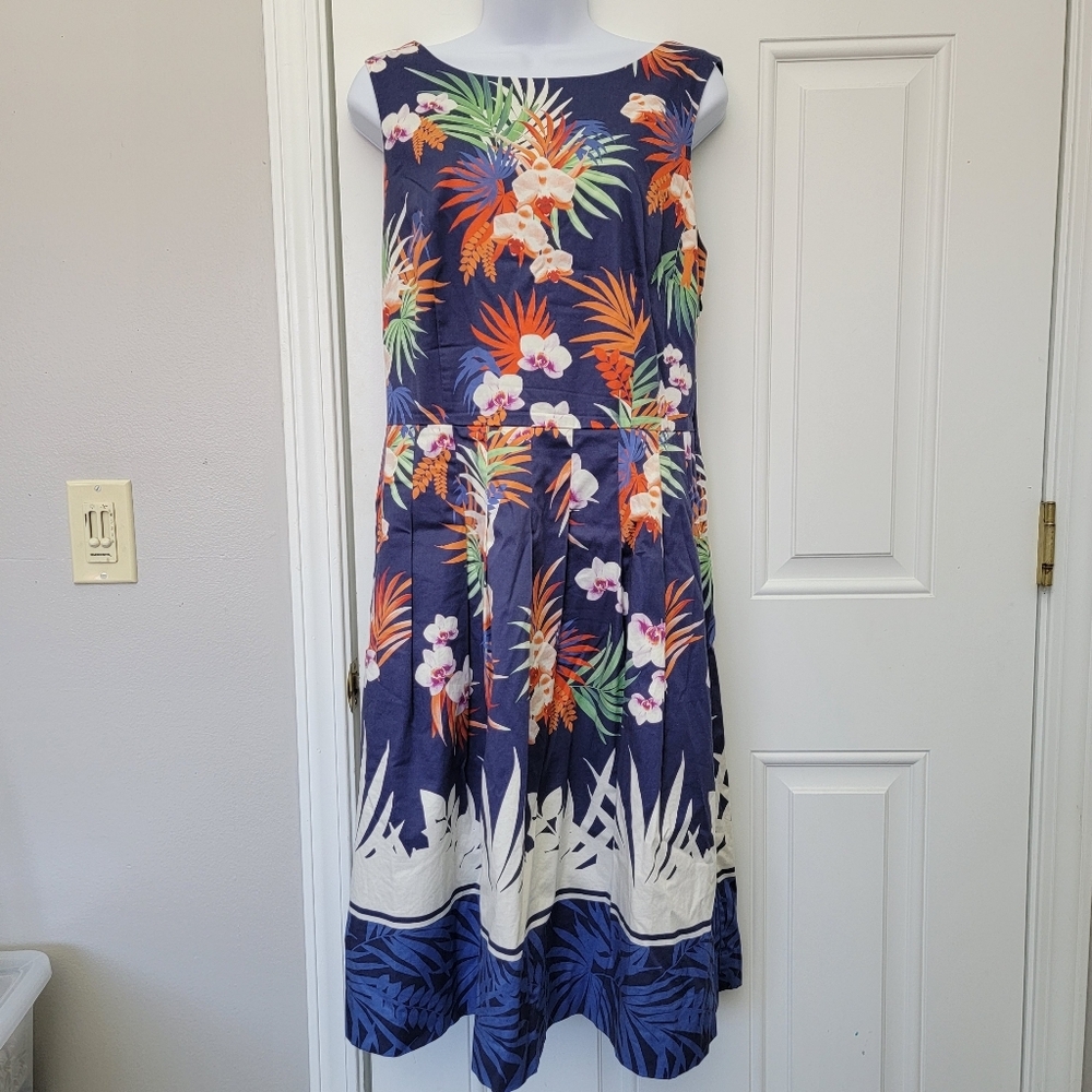 Talbots Tropical Print Sleeveless Lined A Line Dress Blue Orange Pleated Size 8 - Picture 3 of 15